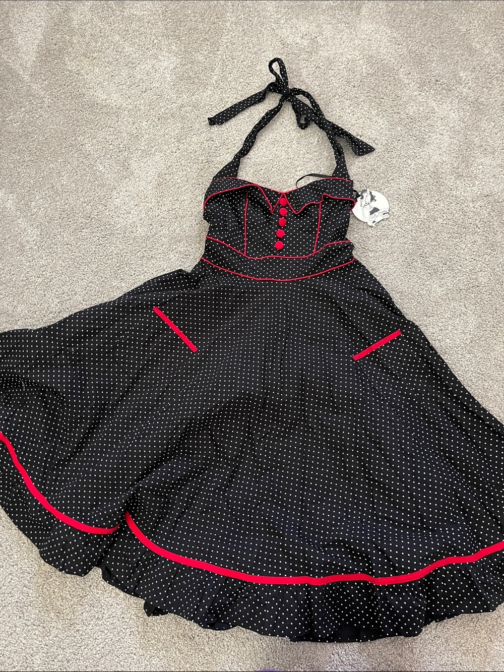 NWT Hell Bunny Vixen Black Polka Dot Halter Swing Dress Rockabilly 50’s Retro S